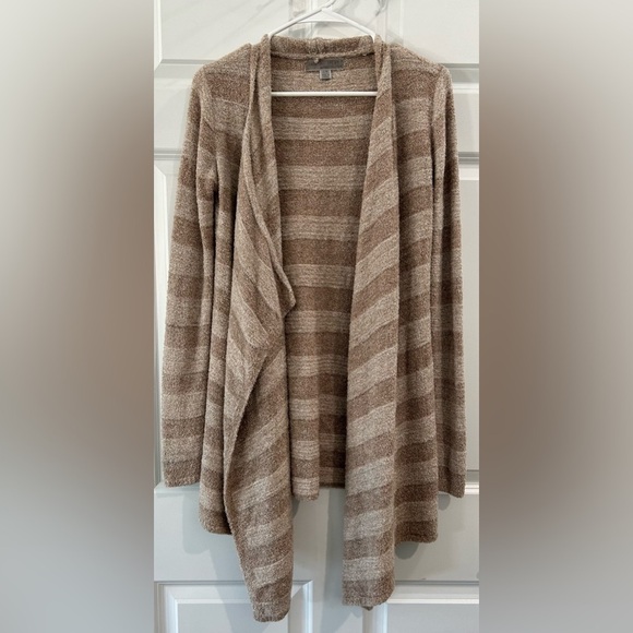 Barefoot Dreams Bamboo Chic Lite Tan Stripe Waterfall Open Cardigan Sweater Sz M - Picture 1 of 8